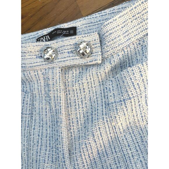 ZARA Blue Silver Tweed Structured Flared Pants Trousers Metallic Small - Picture 4 of 8